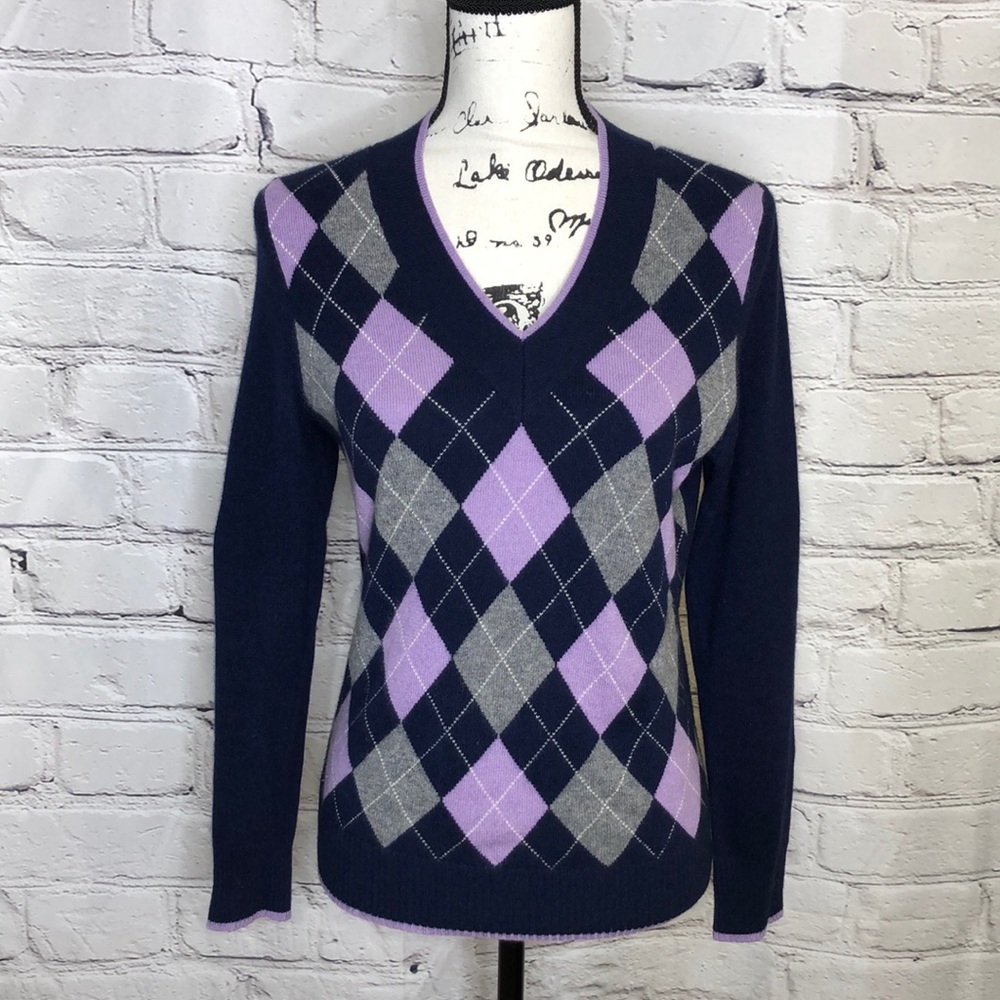 Brooks Brothers 100% Cashmere V-Neck Argyle Sweater - Navy, Lilac, Gray - medium